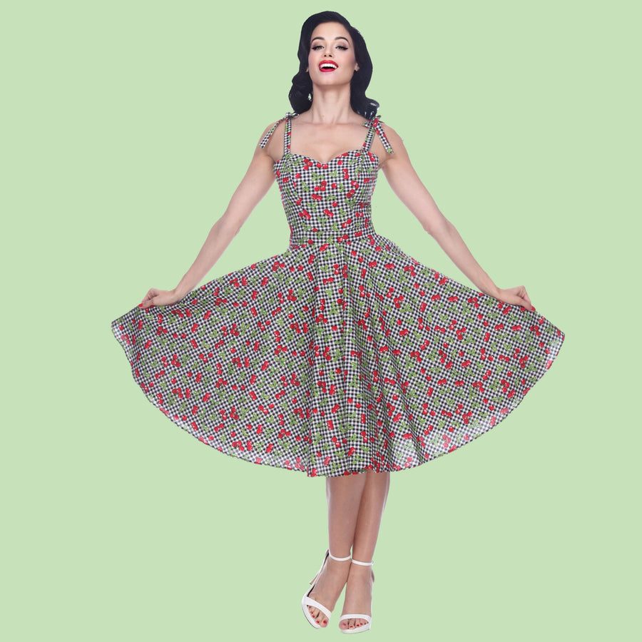 Bettie Page Gingham and Cherry Print Tie Strap Sweetheart Swing Dress