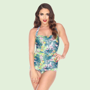 Esther Williams Retro Pin Up Vintage Style Tropical Classic One Piece in Enchanted Tropical Flamingo Print