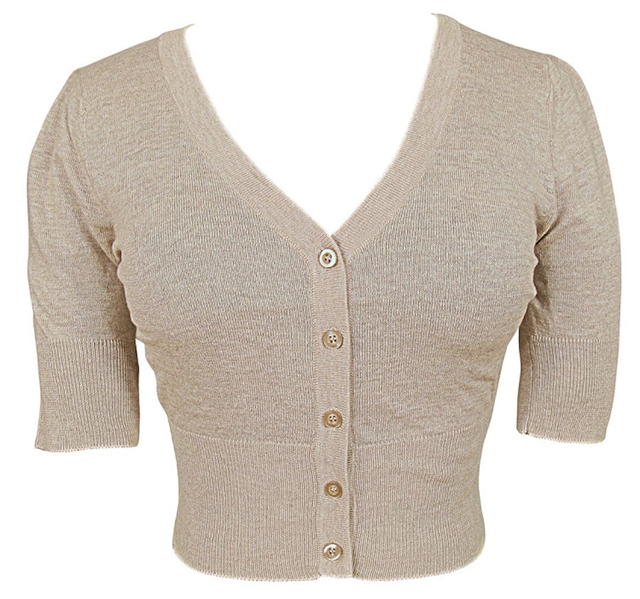 Kinny & Howie Cropped Length 1/2 Sleeve Juniors Cardigan in Oatmeal Taupe
