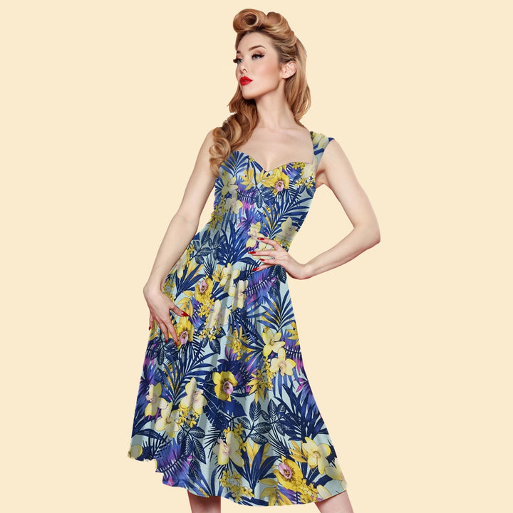 Bettie Page Roman Holiday Dress in Blue Paradise Print