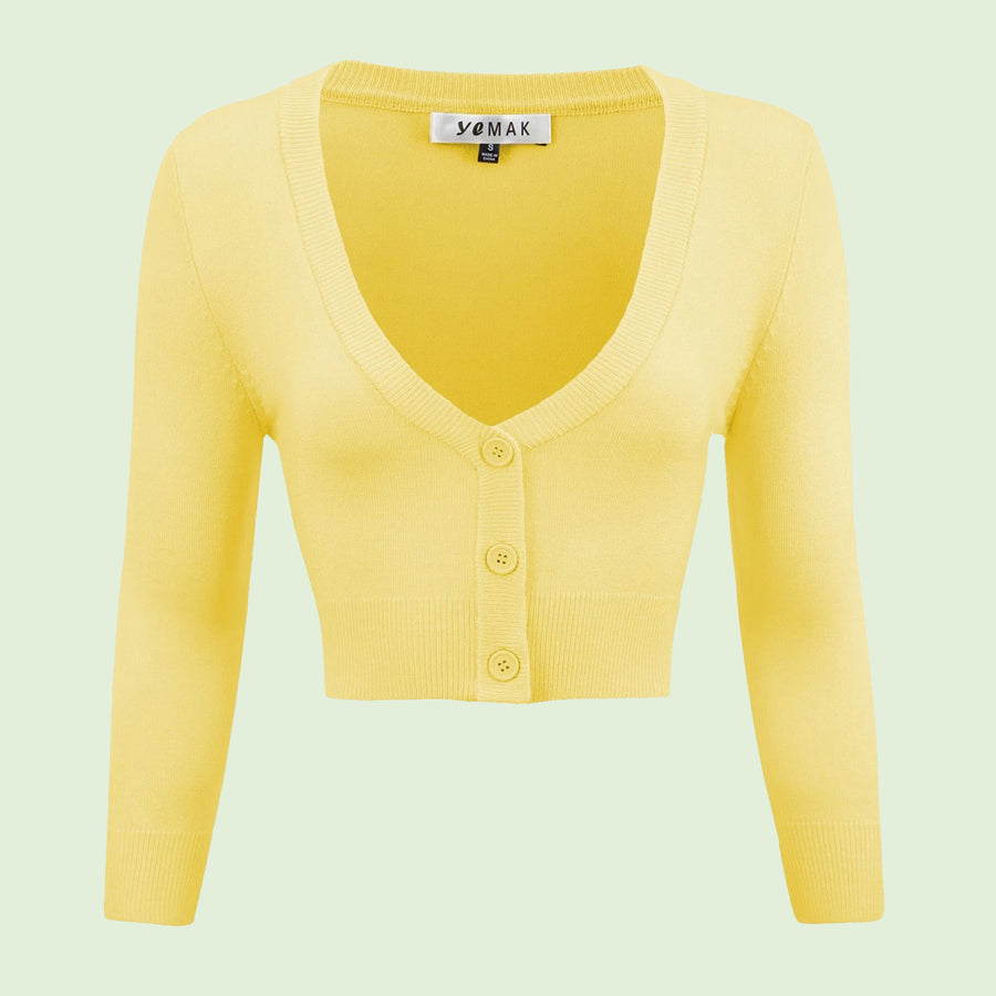 Kinny & Howie Cropped Length 3/4 Sleeve Cardigan in Baby Yellow