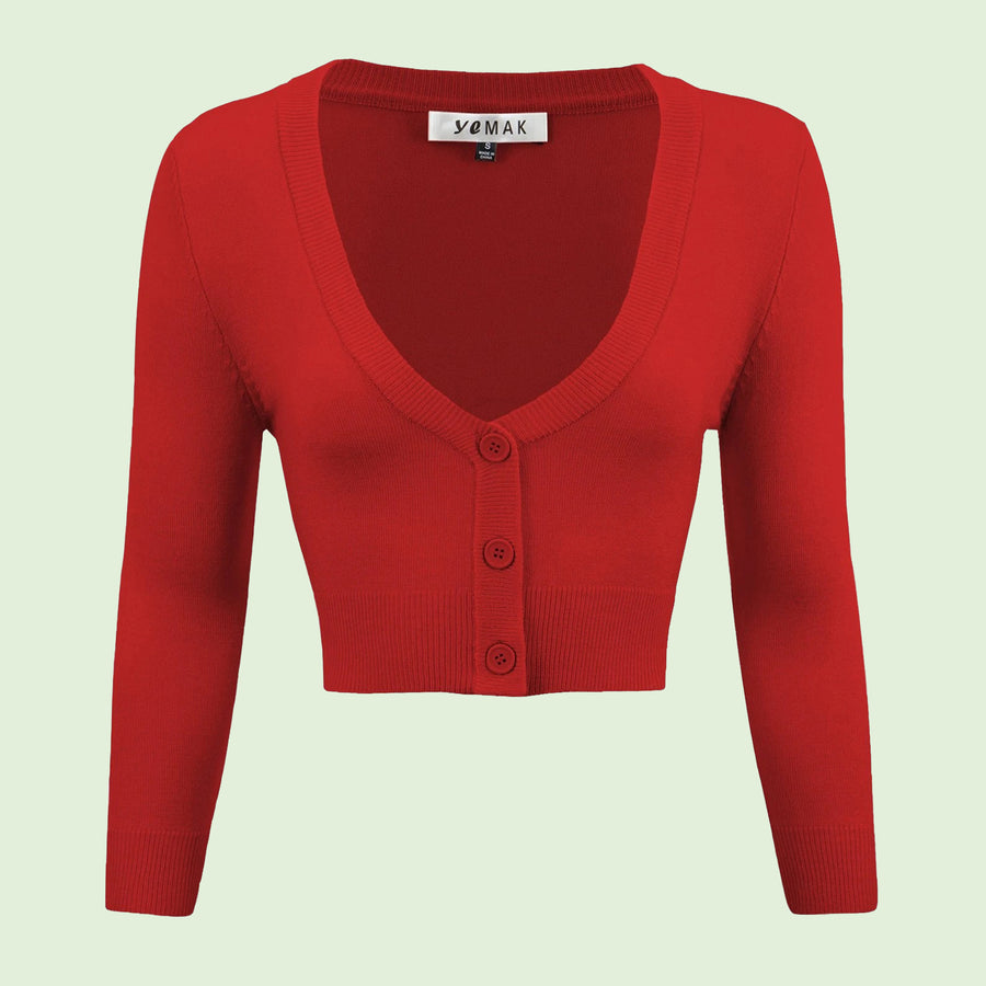 Kinny & Howie Cropped Length 3/4 Sleeve Cardigan in Red