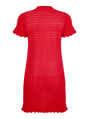 Bright & Beautiful Crochet Scalloped Edge Long Length Open Front Short Sleeve Cardigan in Red
