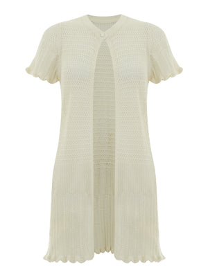 Bright & Beautiful Crochet Scalloped Edge Long Length Open Front Short Sleeve Cardigan in Ivory