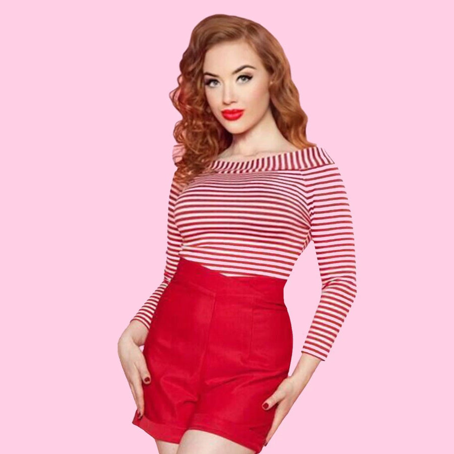 Bettie Page Red Stripe Boat Neck 3/4 Sleeve Crop Top