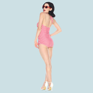 Bettie Page Vintage Style Red Gingham Low Cut One Piece Swimsuit