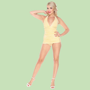 Bettie Page Vintage Style Yellow and White Gingham Print Low Cut One Piece Swimsuit