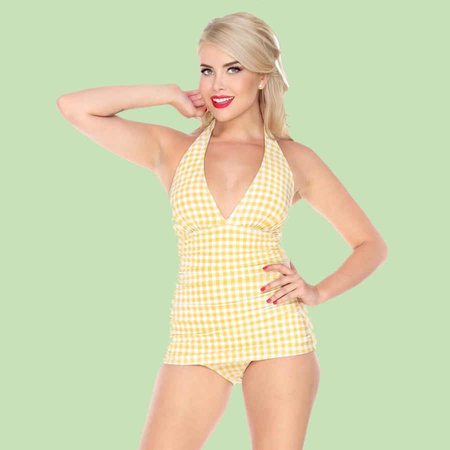 Bettie Page Vintage Style Yellow and White Gingham Print Low Cut One Piece Swimsuit