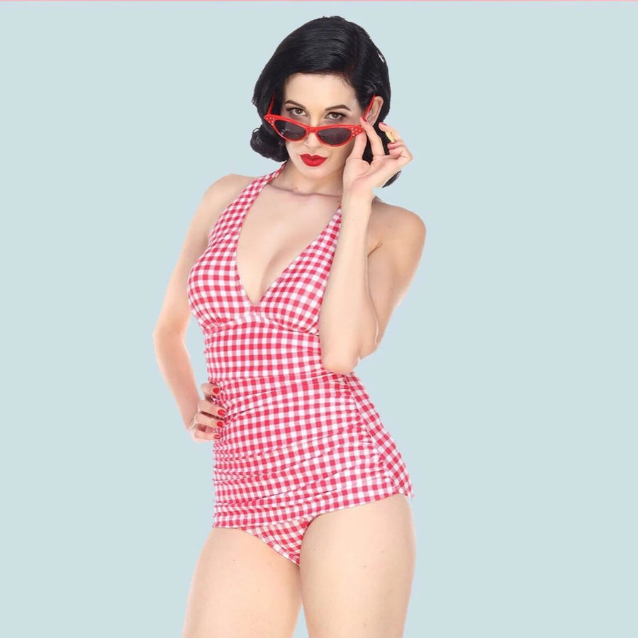 Bettie Page Vintage Style Red Gingham Low Cut One Piece Swimsuit