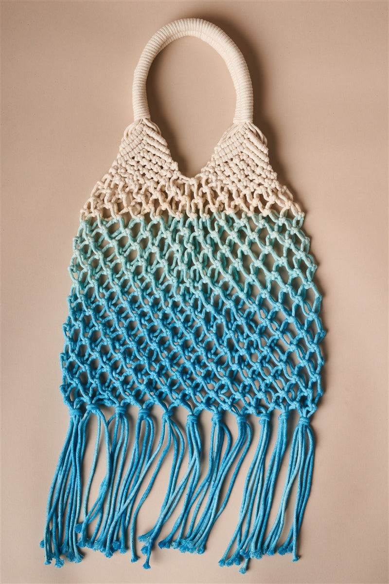 Boho Crochet Blue and White Ombre Beach Tote with Fringe