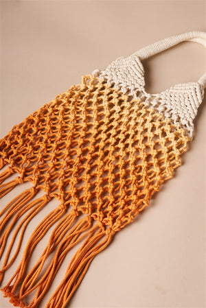 Boho Crochet Orange and White Ombre Beach Tote with Fringe