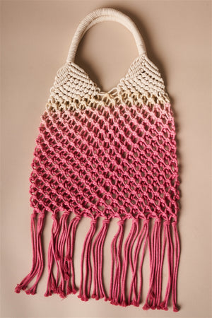 Boho Crochet Pink and White Ombre Beach Tote with Fringe