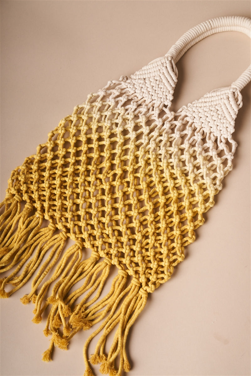 Boho Crochet Yellow and White Ombre Beach Tote with Fringe