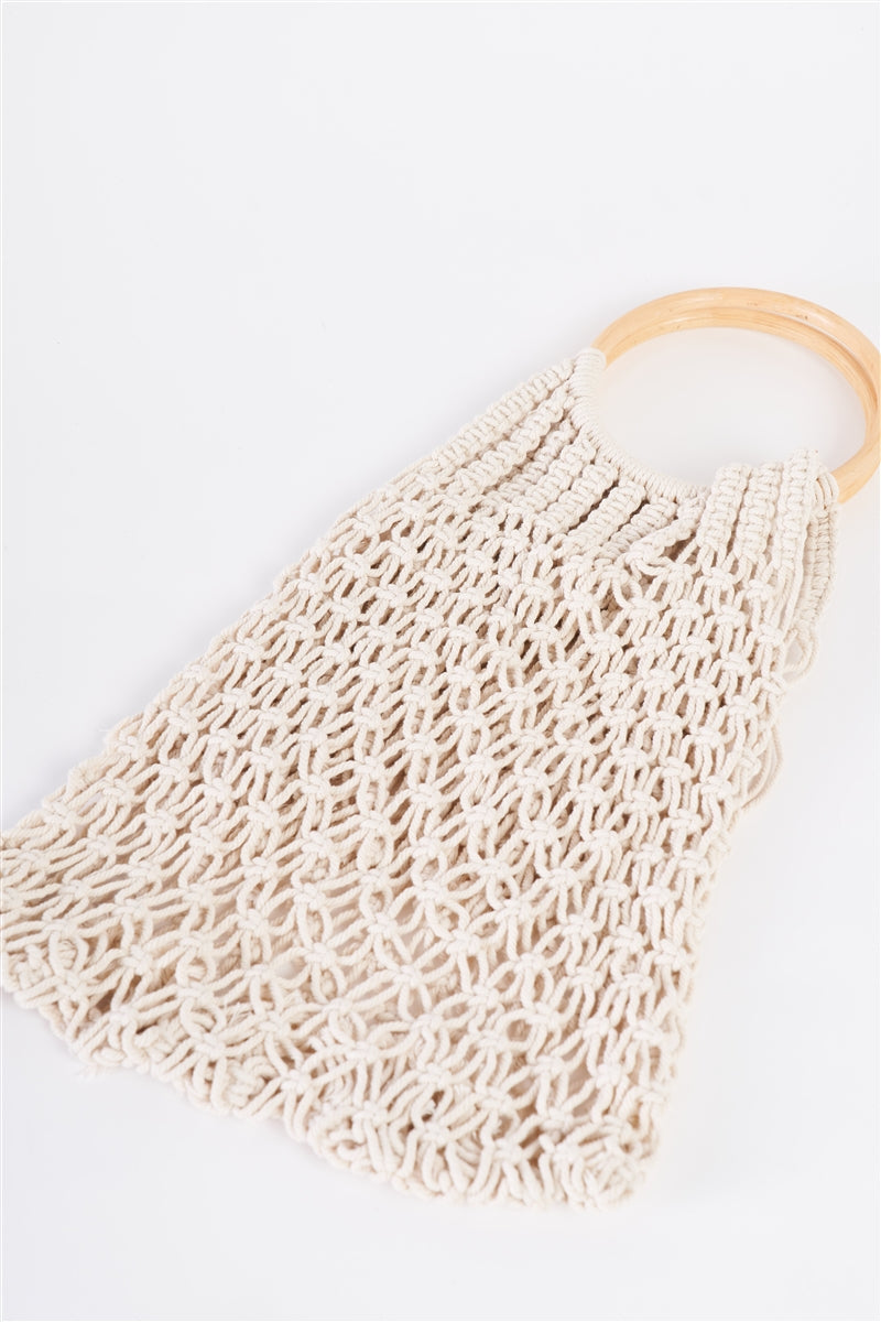 Crochet Fringe Wooden Handle Tote Bag (Black or Ivory)