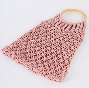 Crochet Fringe Wooden Handle Tote Bag in Pink