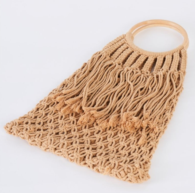 Crochet Fringe Wooden Handle Tote Bag in Taupe