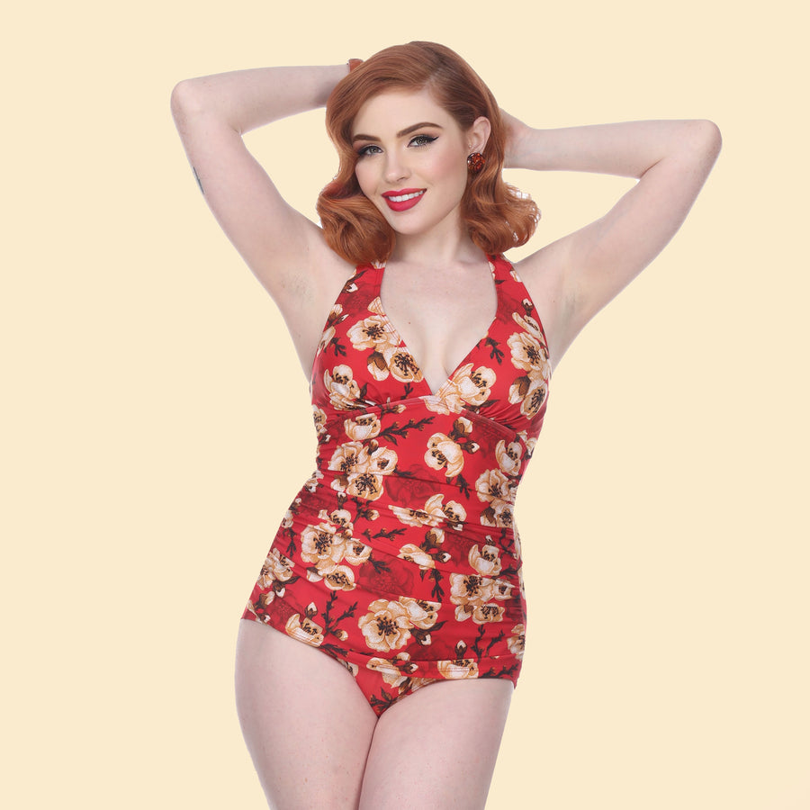 Bettie Page Retro Vintage Style Pin Up Red Geisha Floral Plunge Neck One Piece Swimsuit
