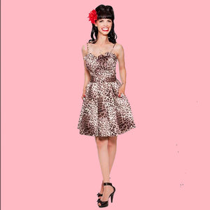 Kinny & Howie Leopard Print Ruffle Bodice Pleated Skirt Fit and Flare Dress