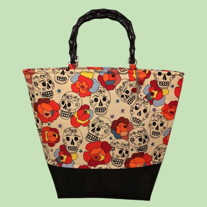 Kinny & Howie Tiki Skull & Roses Bamboo Handle Vintage Style Sparkle Leather Tote Bag