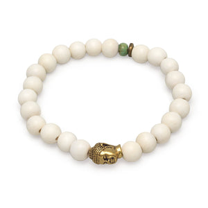White Wood Bead Stackable Stretch Bracelet with Accent Buddha Bead