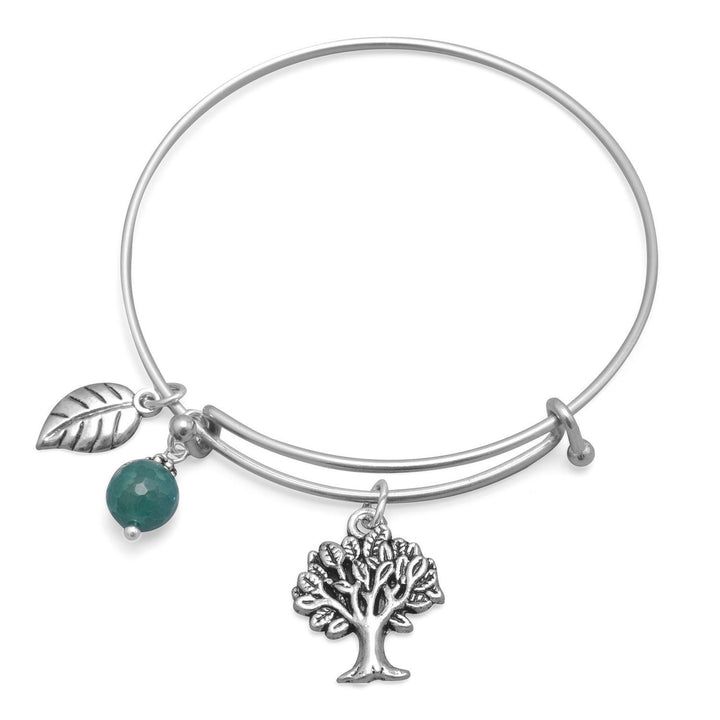 Silver Tone Expandable Bracelet with Tree, Leaf, and Aqua Agate Charms