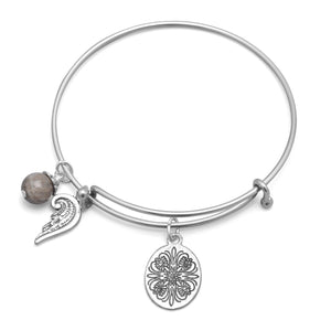 Expandable Silver Tone Bangle Bracelet with Angel Wing, floral, and Labradorite Charms