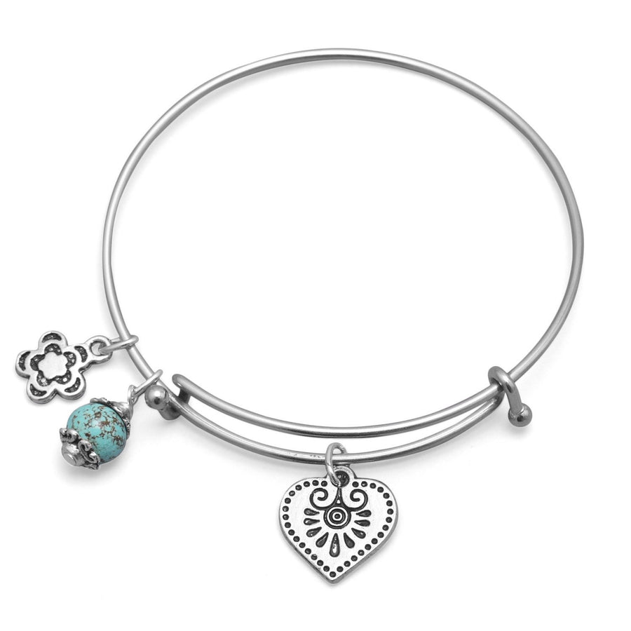 Expandable Silver Tone Bangle Bracelet with Flower, Heart, and Turquoise Bead Charm
