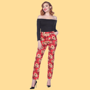 Bettie Page Red Floral Print High Waist Trouser Pants