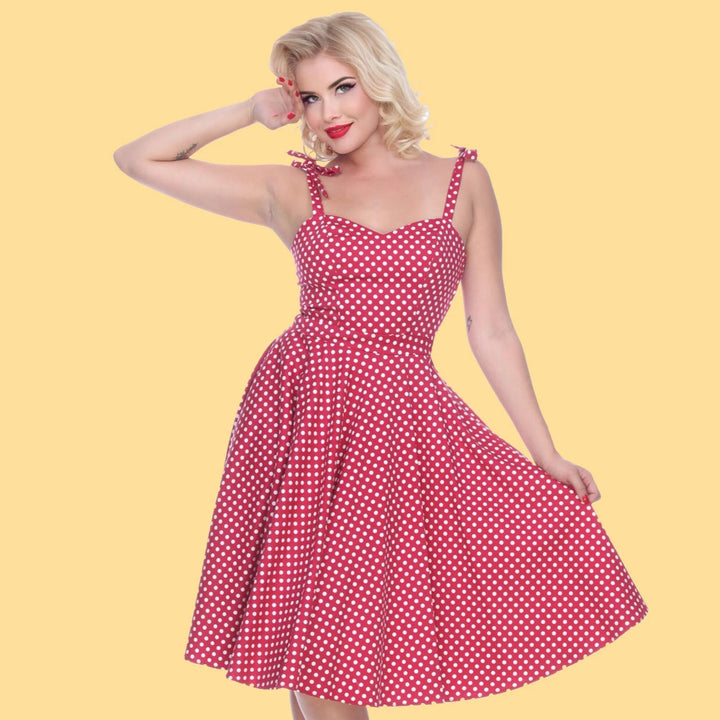 Bettie Page Red and White Polka Dot Tie Strap Sweetheart Swing Dress