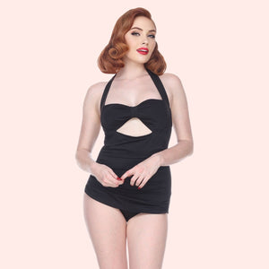 Bettie Page Pin Up Retro Vintage Style Halter One Piece Swimsuit with Cut Out in Black