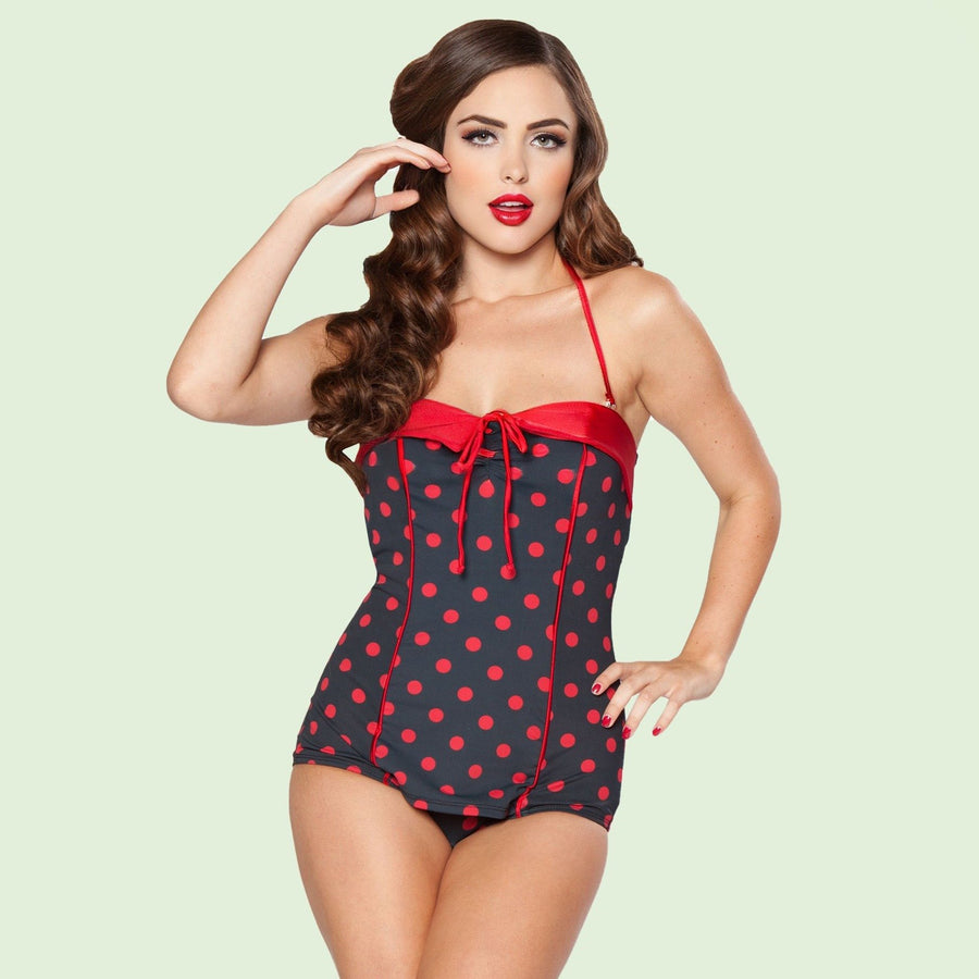 Bettie Page Black & Red Polka Dot One Piece with Piping