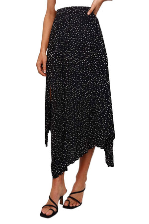 Black Fashion Print Asymmetrical Side Slit Pleated Maxi Skirt