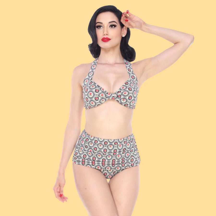 Esther Williams Vintage Style Cameo Rose Print Bikini with Halter Top and High Rise Bottoms