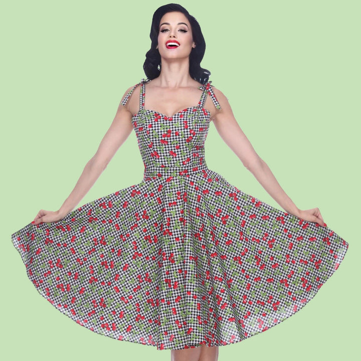 Bettie Page Gingham and Cherry Print Tie Strap Sweetheart Swing Dress