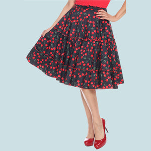 Bettie Page Black 3 Tier Ruffle Swing Skirt in Cherry Print