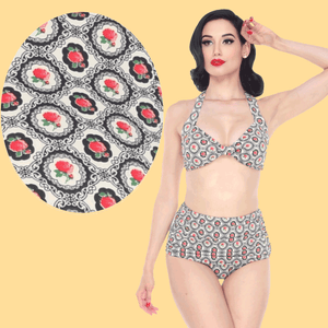 Esther Williams Vintage Style Cameo Rose Print Bikini with Halter Top and High Rise Bottoms