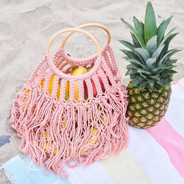 Crochet Fringe Wooden Handle Tote Bag in Pink