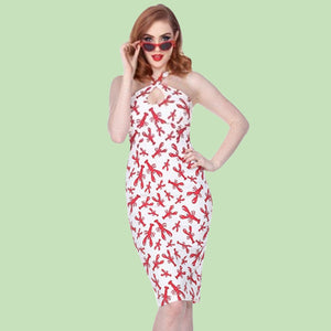 Bettie Page White Lobster Print Cross Strap Wiggle Dress