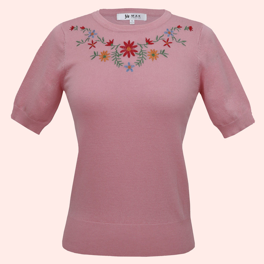 Kinny & Howie Pink Floral Emboidered Pullover Fitted Short Sleeve Sweater