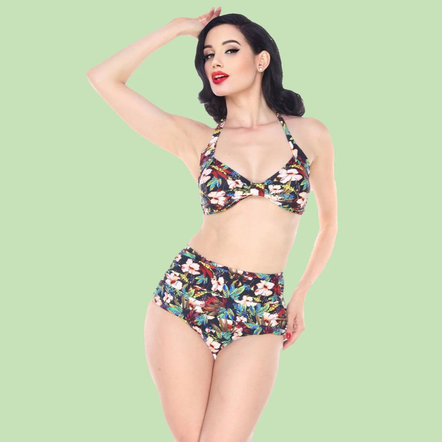Esther Williams Vintage Style Black Hibiscus Print Bikini with Halter Top and High Waist Bottoms