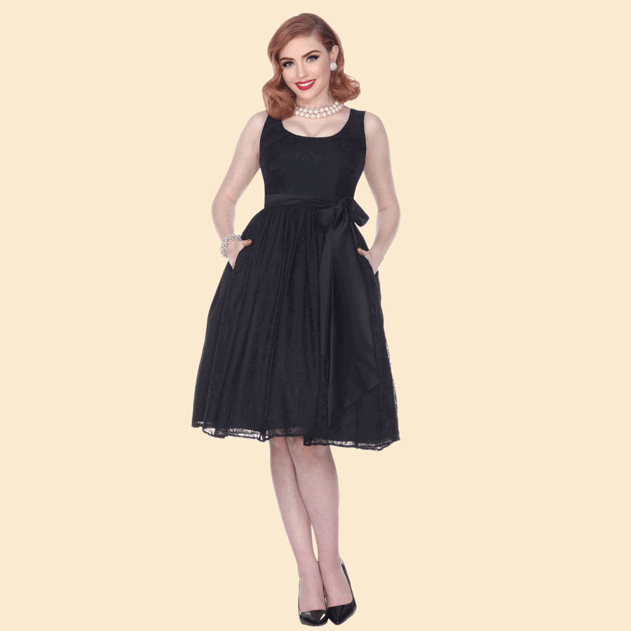 Bettie Page Black Lace Overlay Scoop Neck Swing Dress with Tie Sash Belt