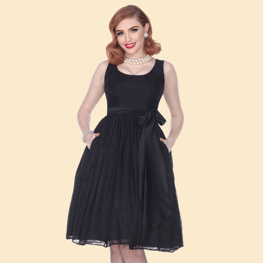 Bettie Page Black Lace Overlay Scoop Neck Swing Dress with Tie Sash Belt