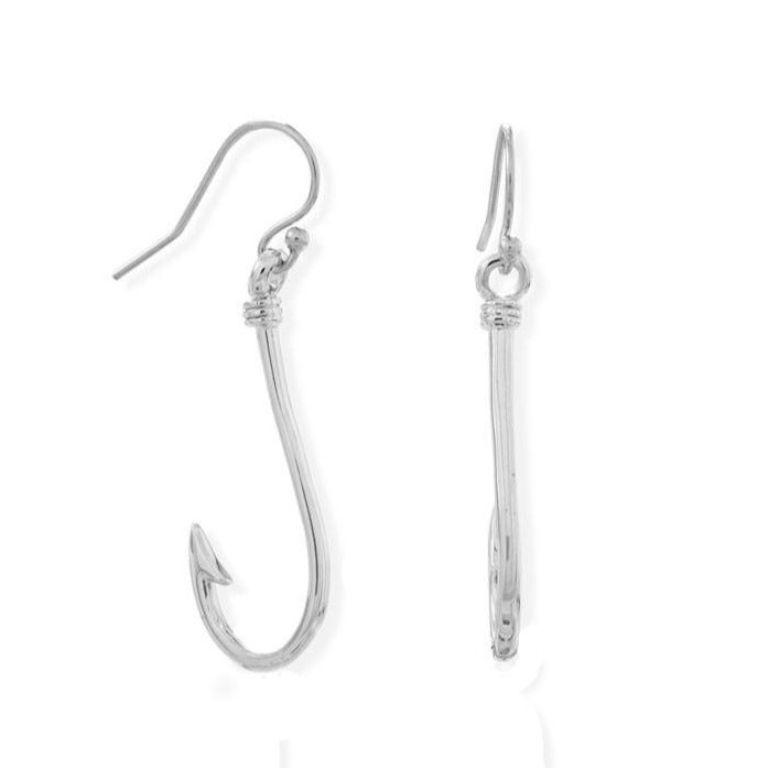 Fish Hook Dangle Earrings in Rhodium Plated Sterling Silver