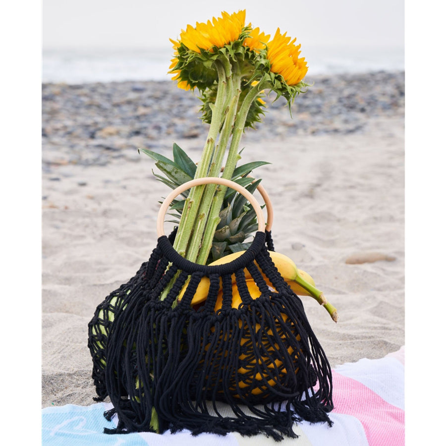Crochet Fringe Wooden Handle Tote Bag (Black or Ivory)