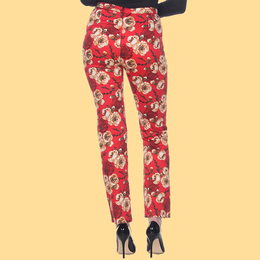 Bettie Page Red Floral Print High Waist Trouser Pants