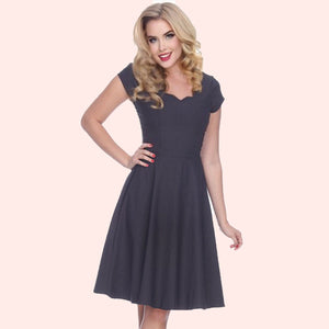 Bettie Page Short Sleeve Scallop Neck Dress in Charcoal