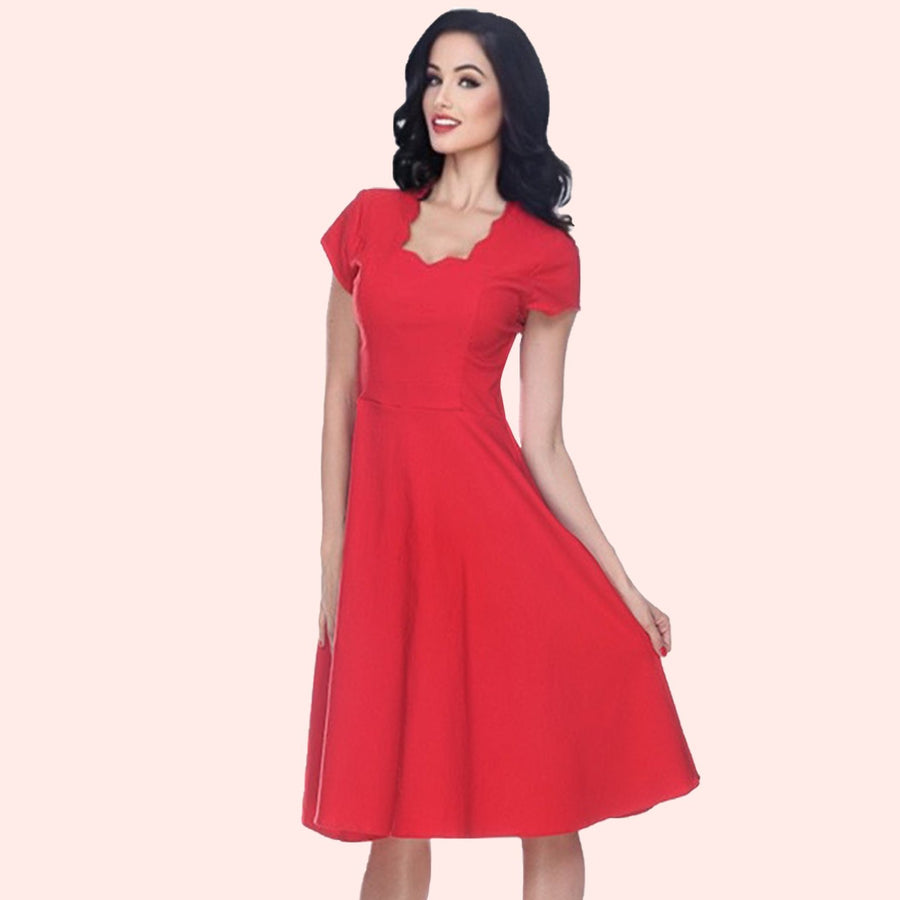 Bettie Page Short Sleeve Scallop Neck Dress in Red