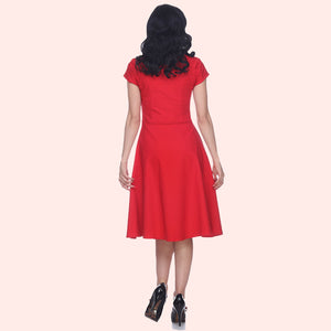 Bettie Page Short Sleeve Scallop Neck Dress in Red