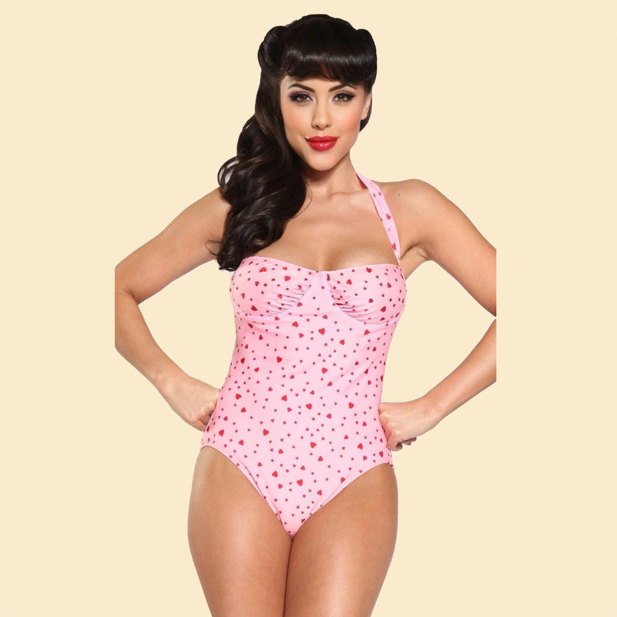 Bettie Page Pink Vintage Style Pin Up Retro Heart Print One Piece Swimsuit