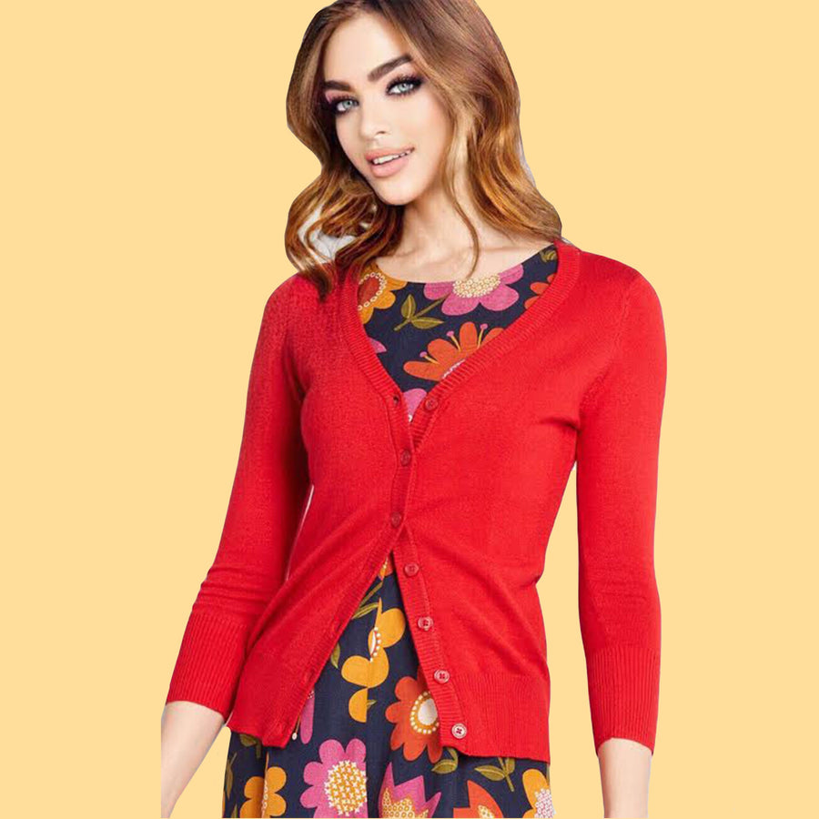 Kinny & Howie Plus Size Long Sleeve V-Neck Cardigan in Red